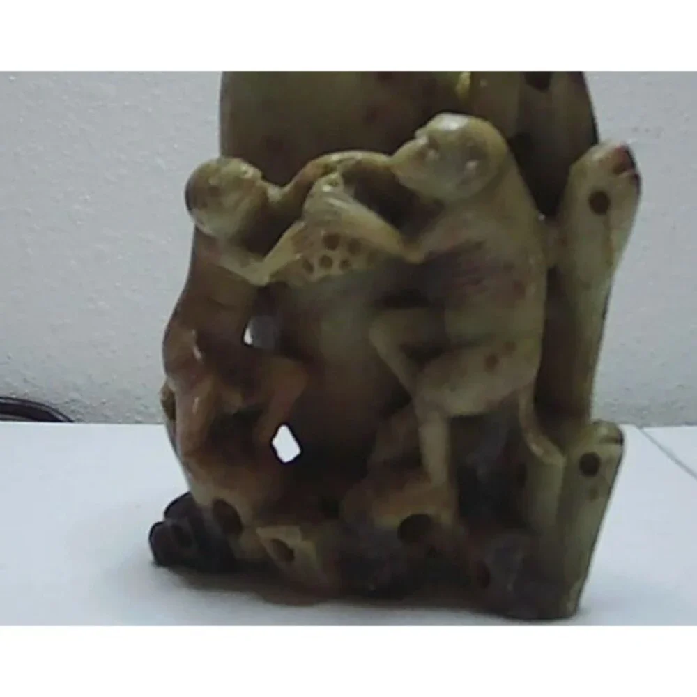 Vintage Asian China Hand Carved Two Monkeys Soapstone Vase Holder  5.5